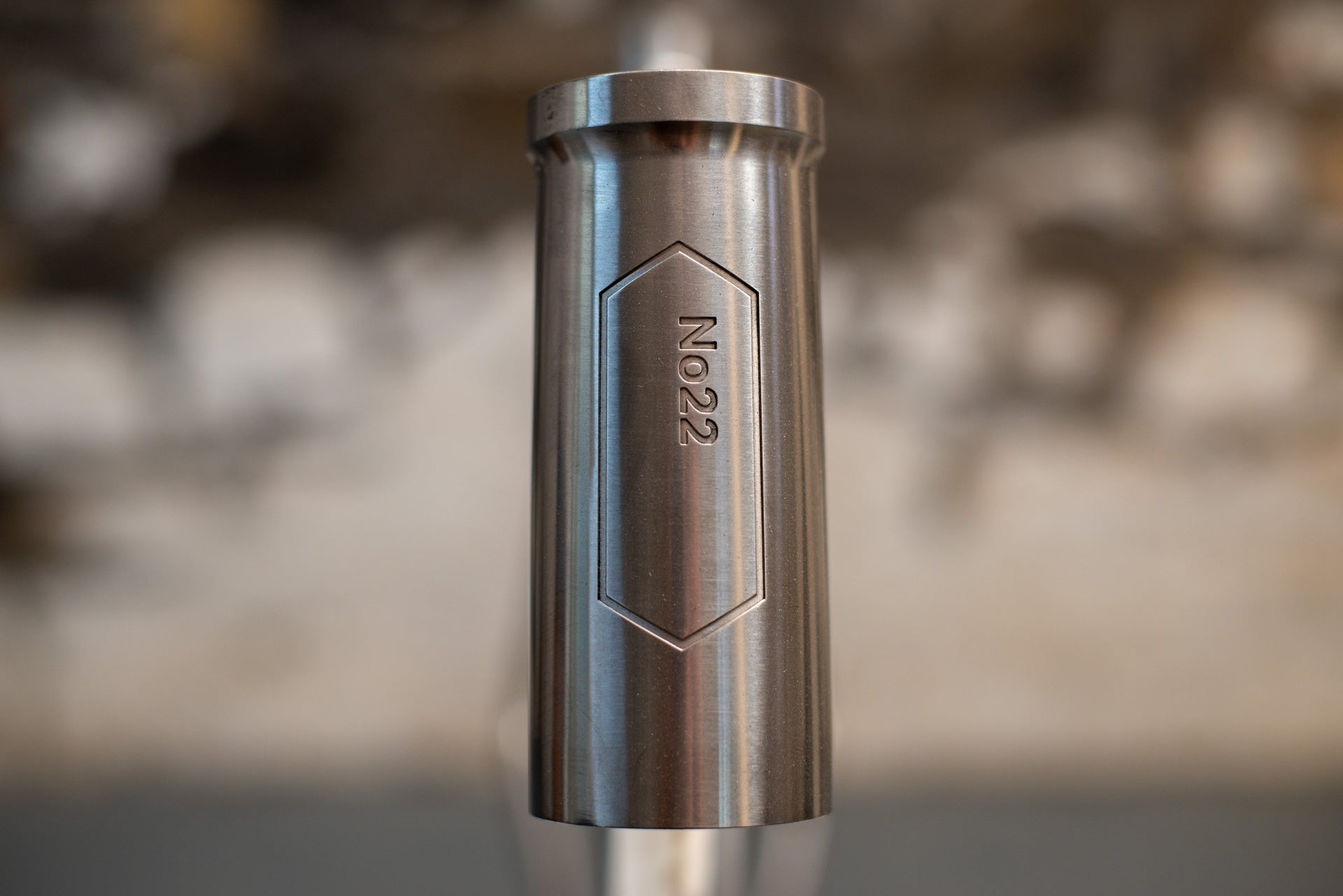 Head tube with engraved No. 22 badge, front view